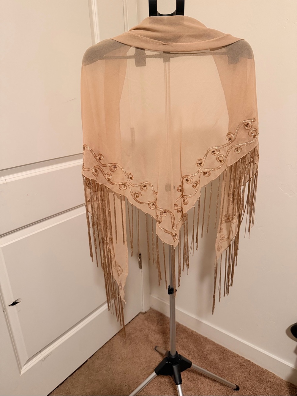 Handmade Beaded Fringe Sheer Wrap Shawl - Cream